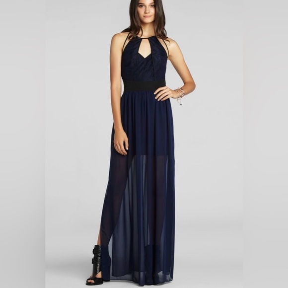 BCBGeneration Navy and Black Lace Chiffon Gown Cut Outs | Size 6 | Worn Once - Picture 1 of 10